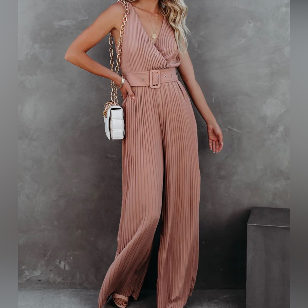 High Tea Pleated Wide Leg Belted Jumpsuit - Dark Rose